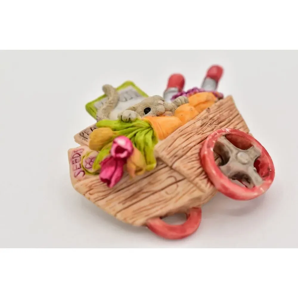 Vintage Garden Mouse Pin Brooch Wagon Cute Tone Gardening Flower 1980s BinB